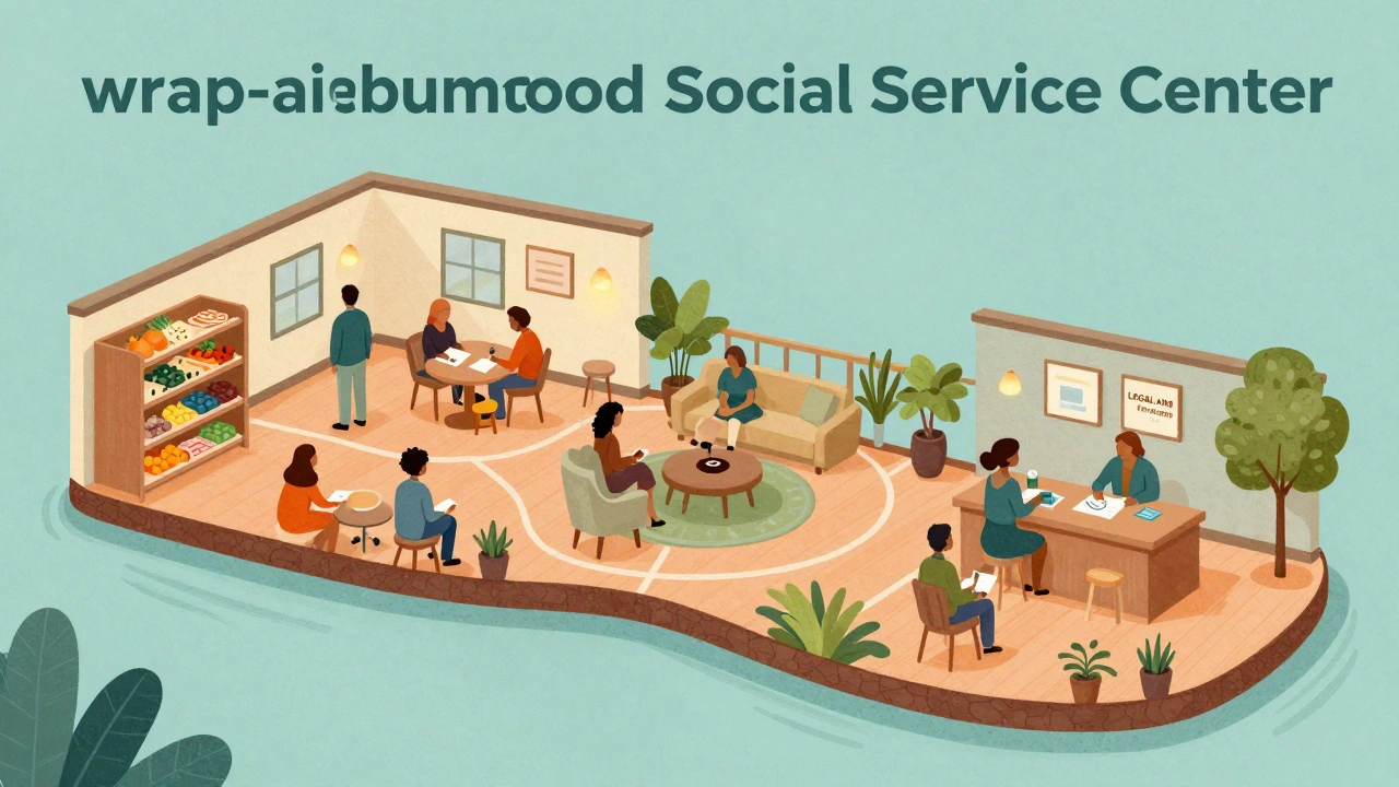 Artistic illustration of a community center providing food, counseling, and legal aid.