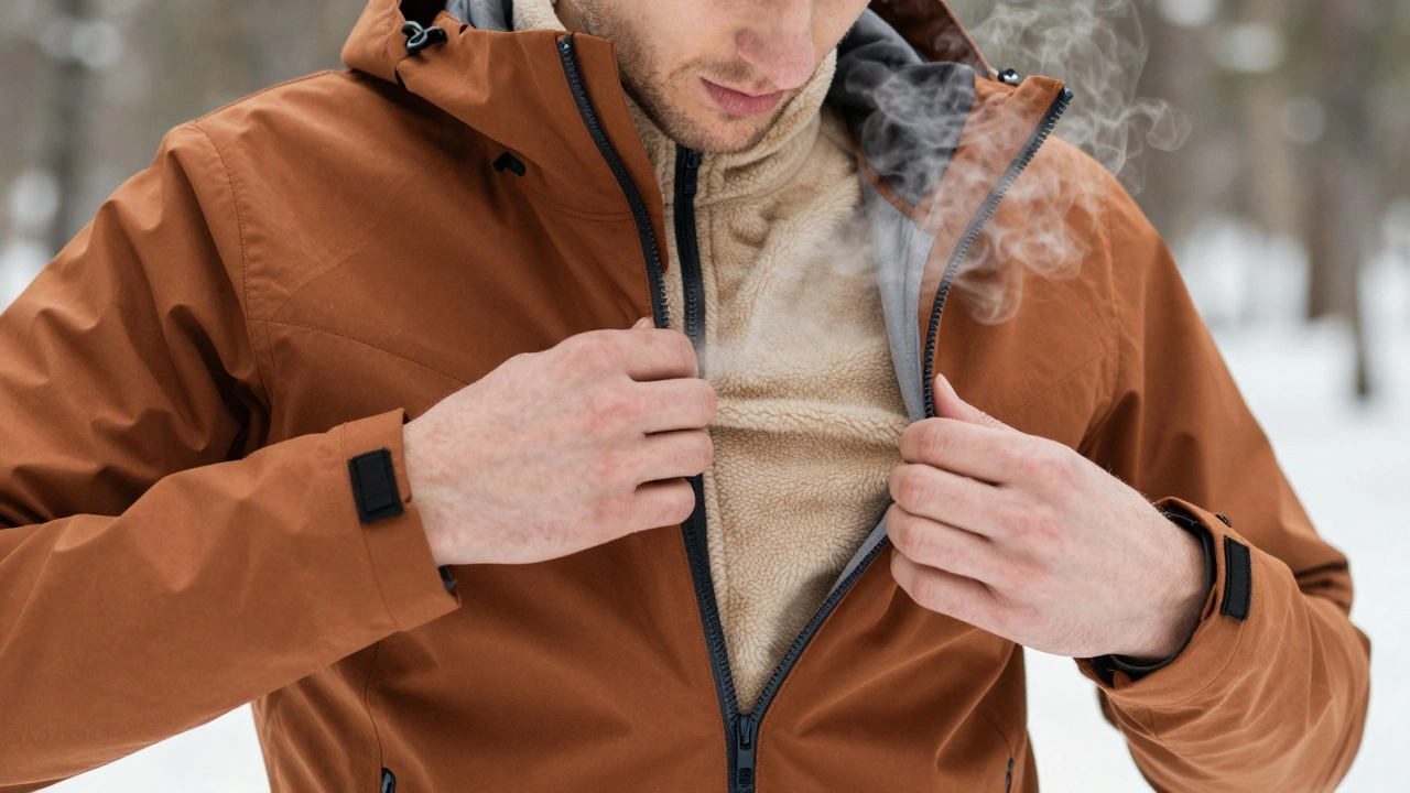 Athlete unzipping a windproof shell to reveal a fleece mid-layer underneath