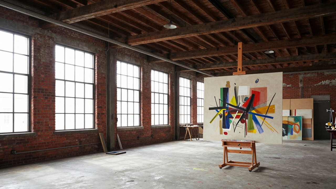 Bohemian art studio in a historic loft with exposed brick walls and large windows.