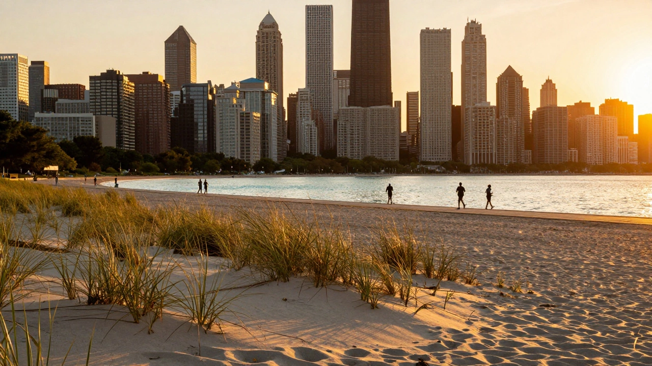 Chicago skyline during golden hour viewed from the white sands and turquoise water of North Avenue Beach