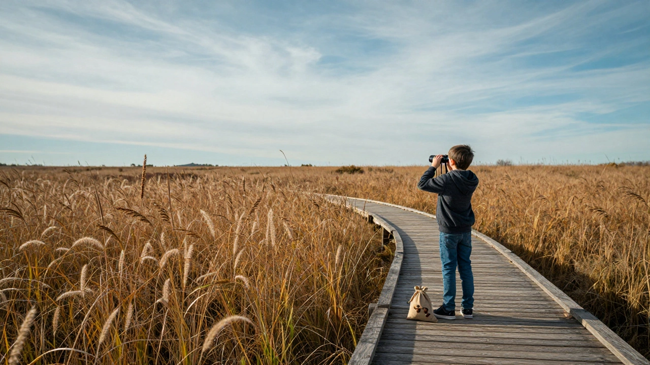Child with binoculars standing on a boardwalk overlooking a golden tallgrass prairie.