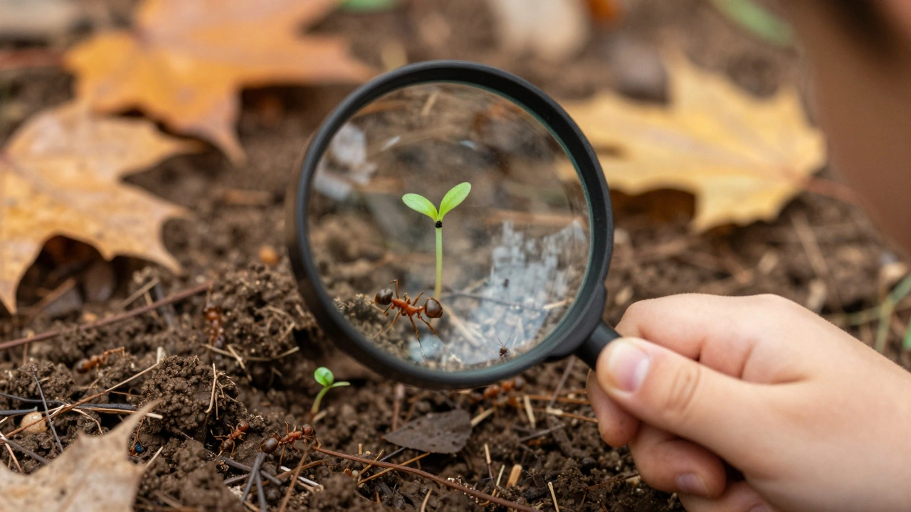 Close-up of a child using a magnifying glass to observe ants in the forest soil.