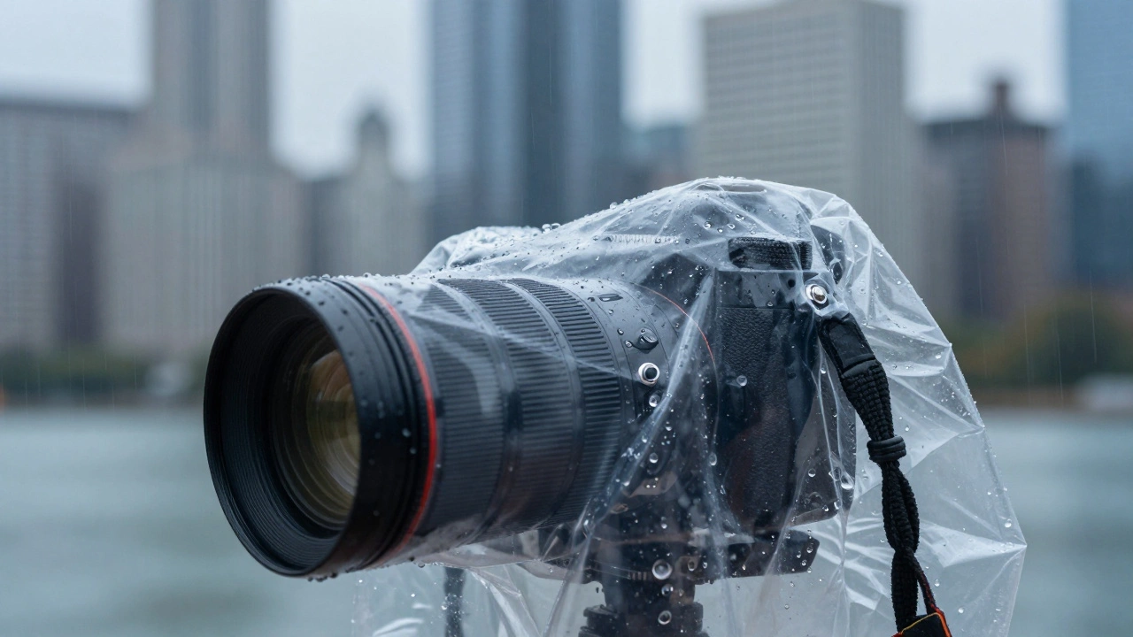 Close-up of a professional camera protected by a waterproof rain sleeve in the rain