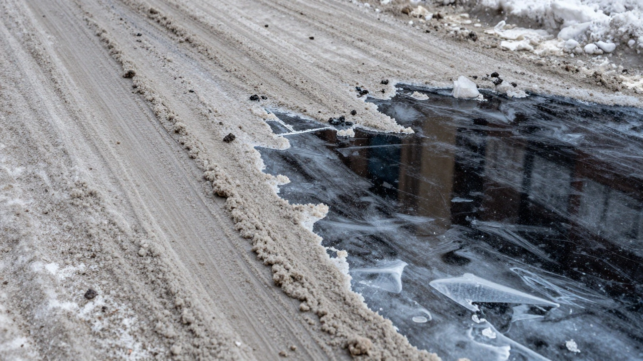 Close-up of dirty gray slush and shiny black ice on a winter road surface