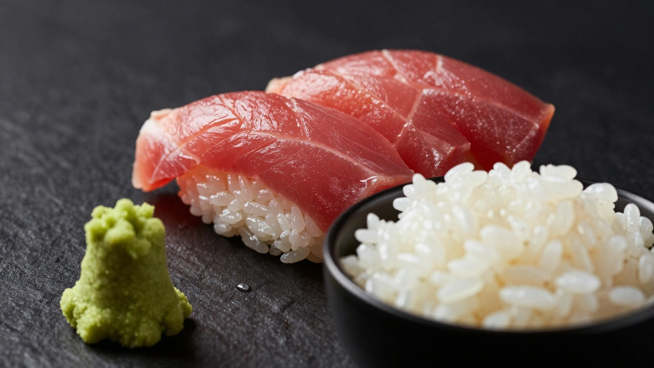 Close-up of premium bluefin tuna, fresh wasabi, and seasoned sushi rice