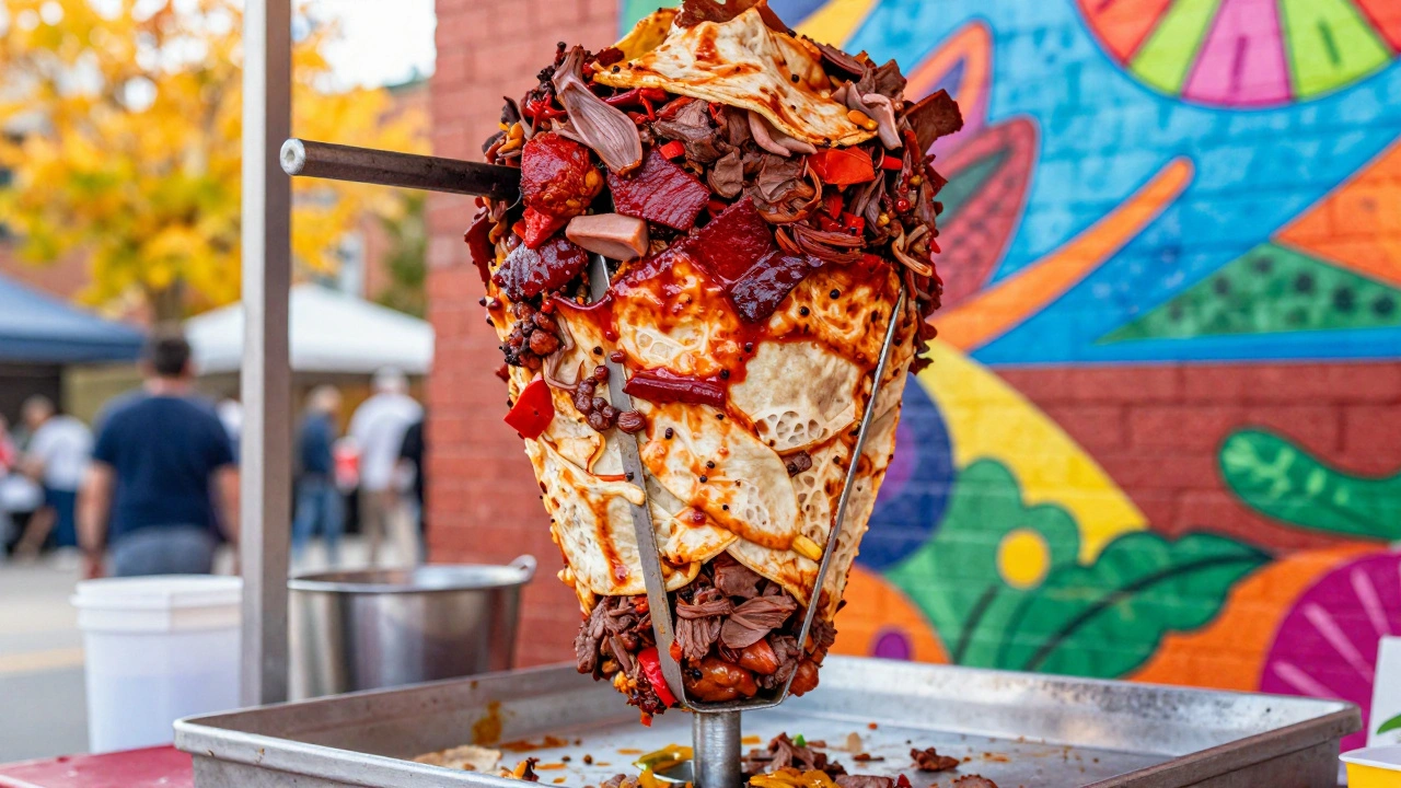 Close-up of tacos al pastor at a vibrant Pilsen neighborhood festival with colorful murals.
