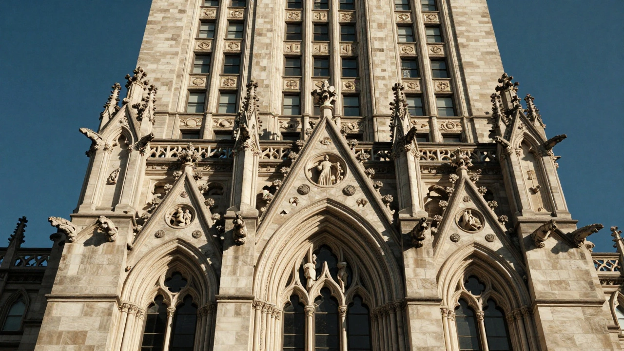 Close-up of the Neo-Gothic details and ornate limestone of the Tribune Tower