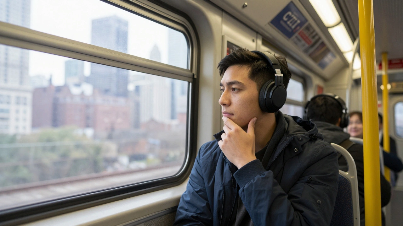 Commuter on a CTA train listening to a podcast with the Chicago skyline behind