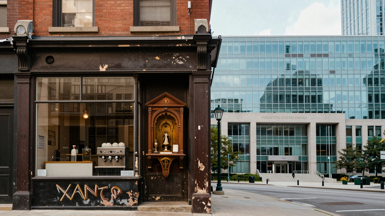 Comparison between a traditional Italian storefront and modern university architecture