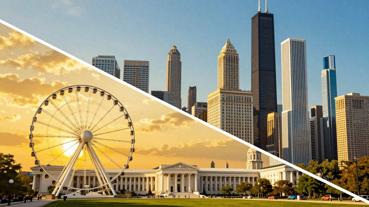 Conceptual art showing the 1893 World's Fair transforming into the modern Chicago skyline
