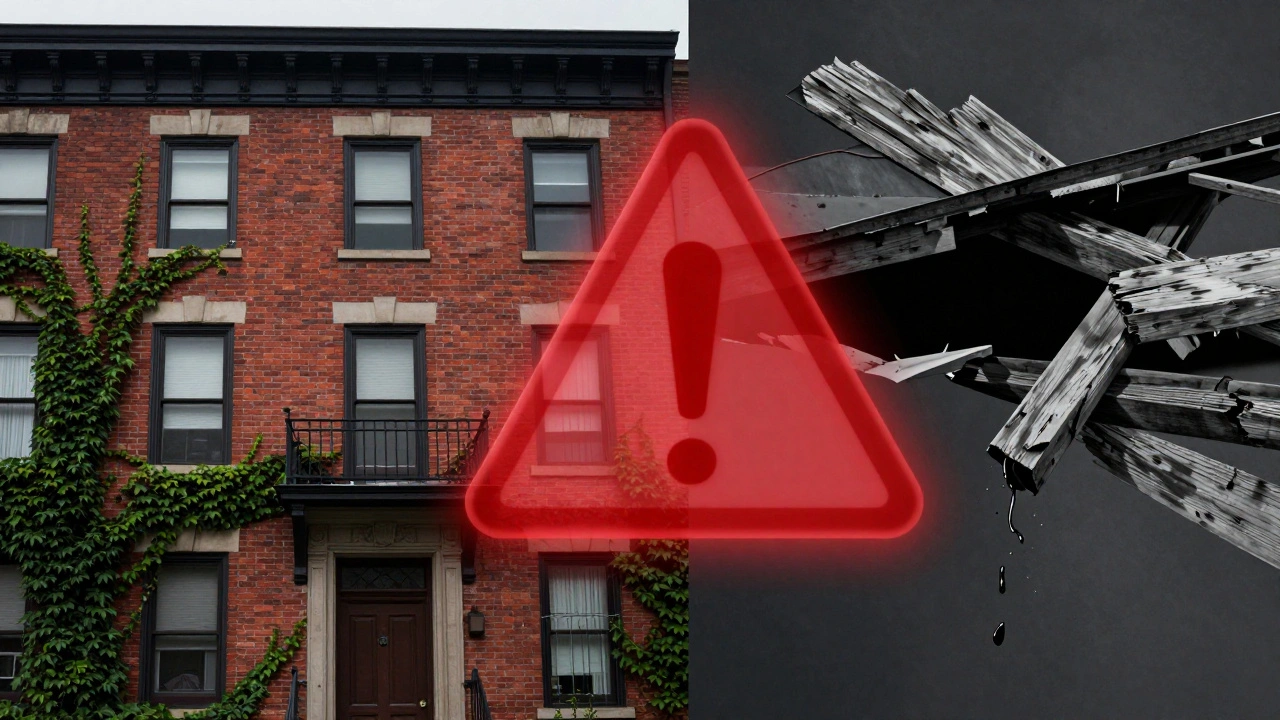 Contrast between a beautiful vintage brick building and a damaged roof needing repair.