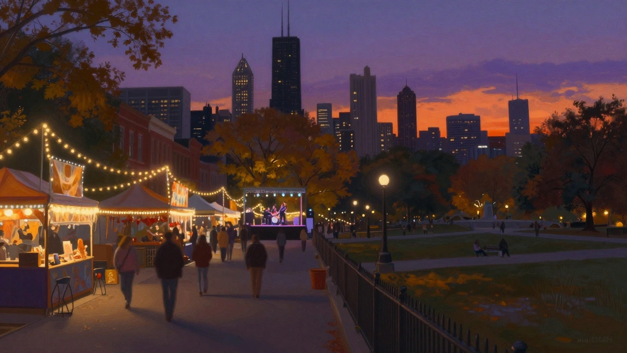 Contrast between a glowing Chicago street fair and a peaceful golden autumn park at sunset.