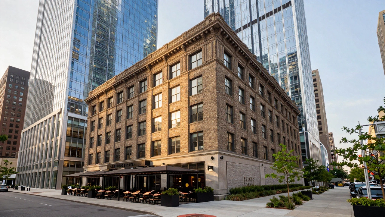 Contrast between a historic brick building and a modern glass skyscraper in River North.