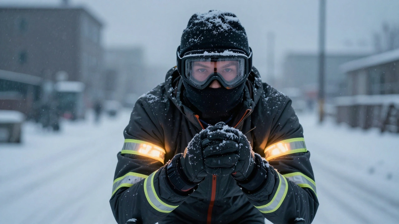 Cyclist with goggles and mittens pausing on an icy trail at dawn