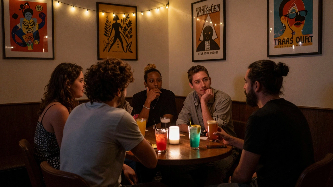 Diverse friends talking in a warm, inclusive queer-friendly lounge in Logan Square.