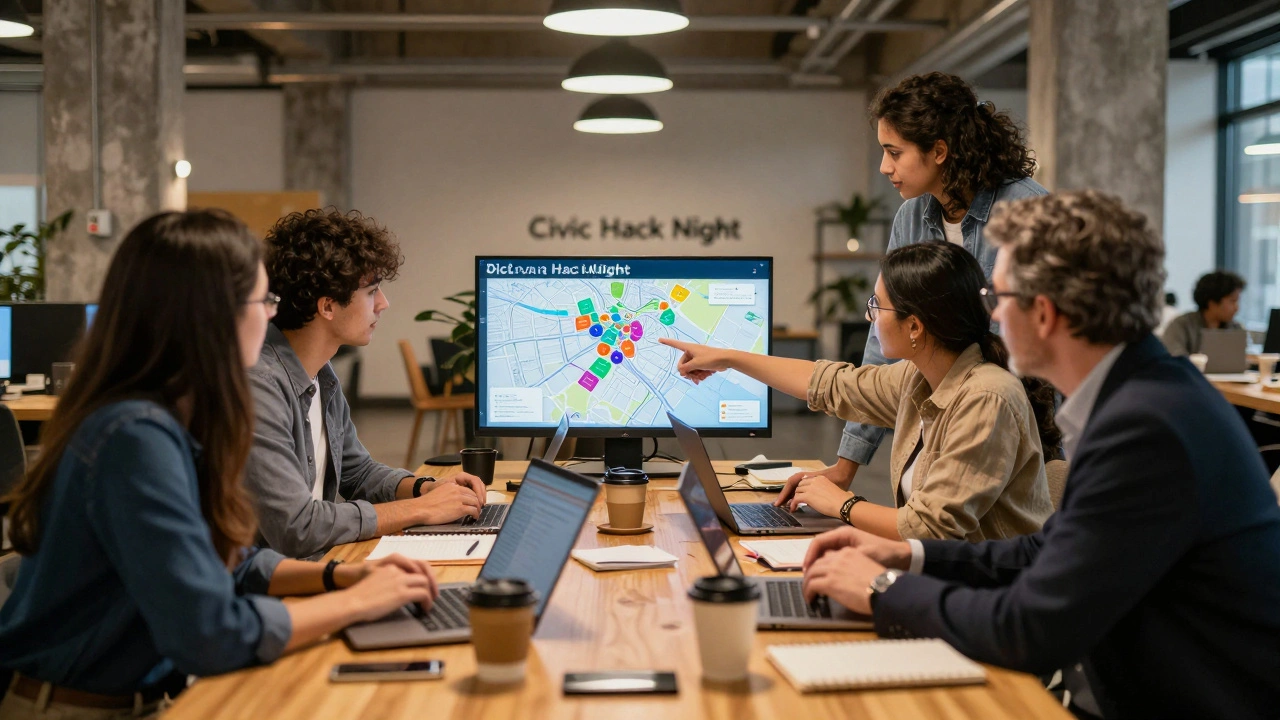 Diverse group of developers collaborating with laptops at a community hack night in Chicago.