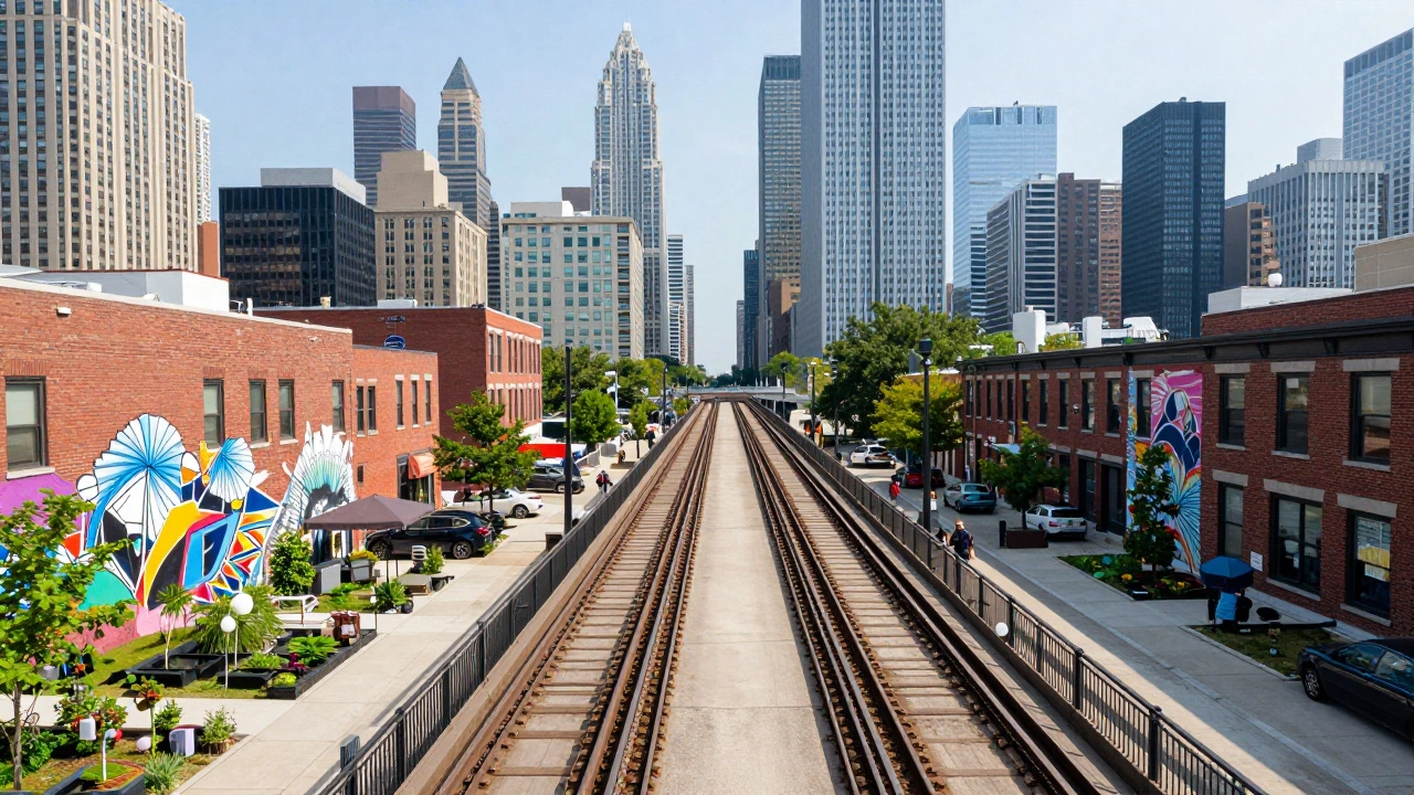 Elevated view of Chicago skyscrapers from The 606 trail featuring urban murals and greenery