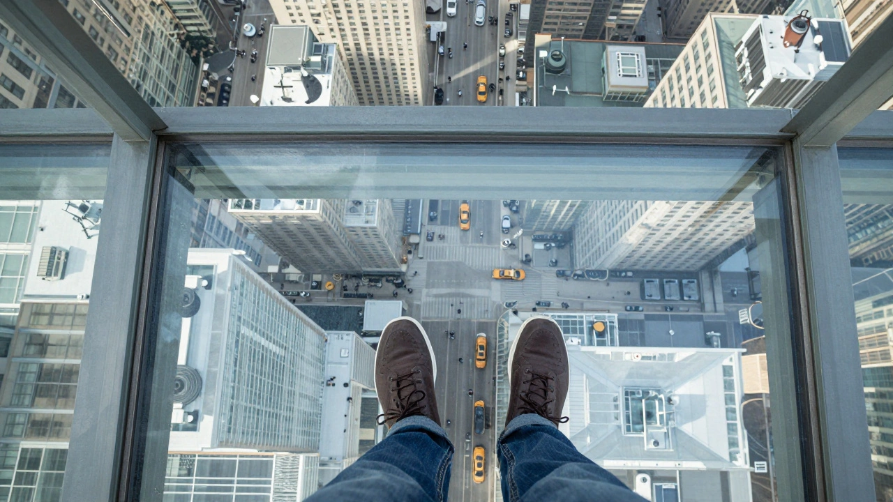 First-person view of feet standing on the glass floor of The Ledge overlooking the city below.