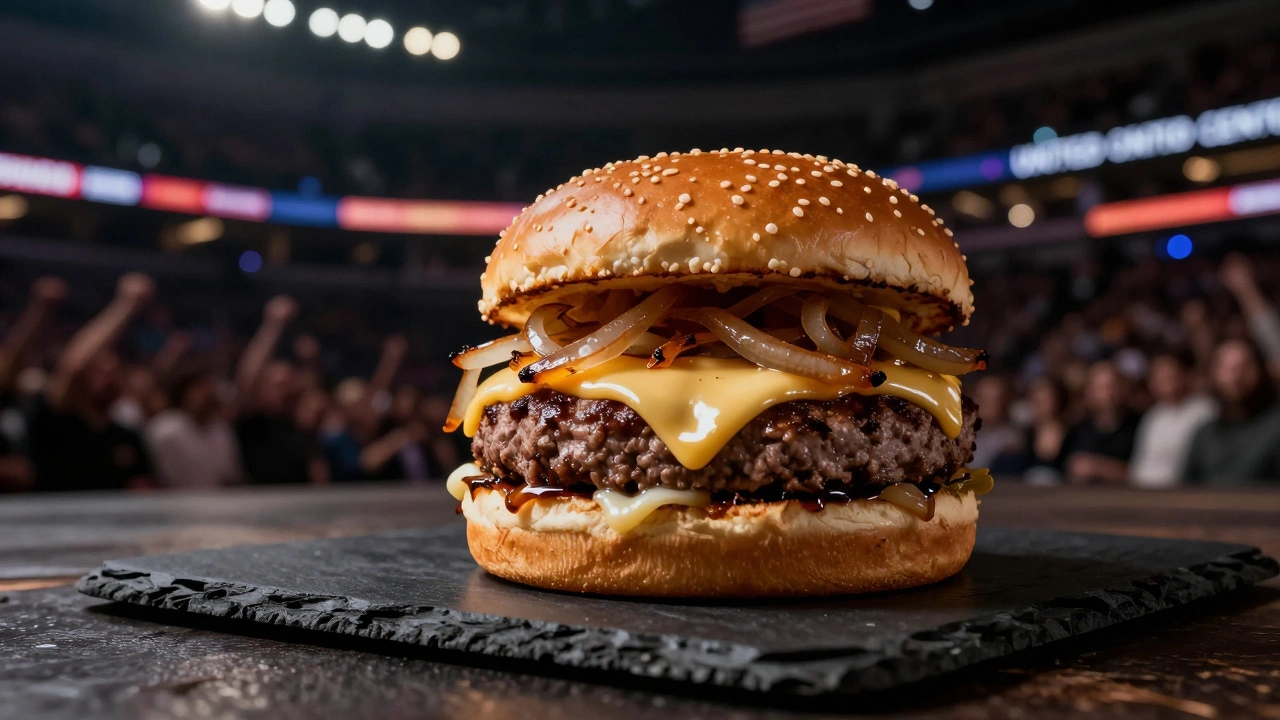 Gourmet artisanal burger with caramelized onions and goat cheese at United Center