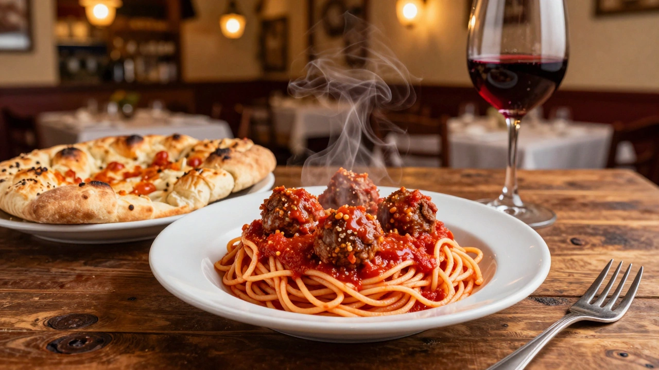 Hearty spaghetti and meatballs and focaccia on a rustic restaurant table