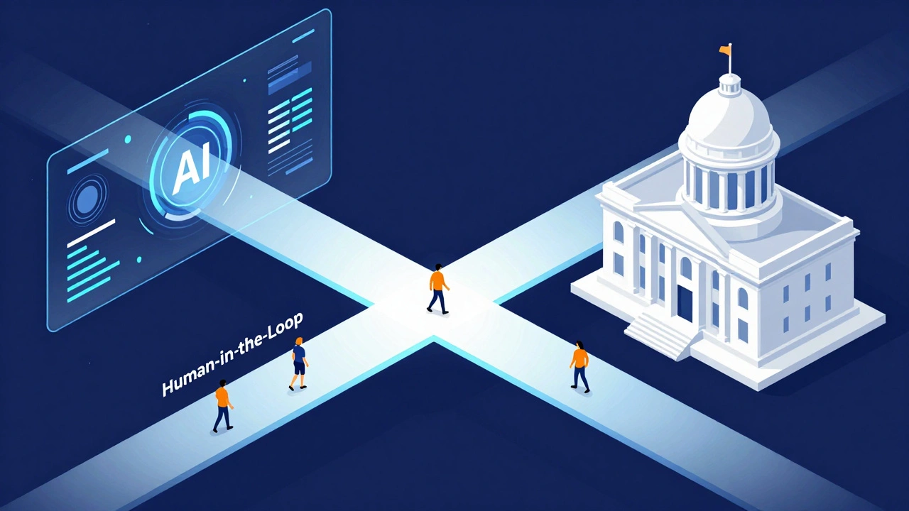 Isometric illustration of a digital bridge connecting modern AI technology to city government.