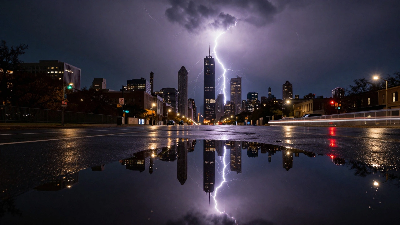 Lightning bolt reflecting in a rain puddle on a Chicago city street