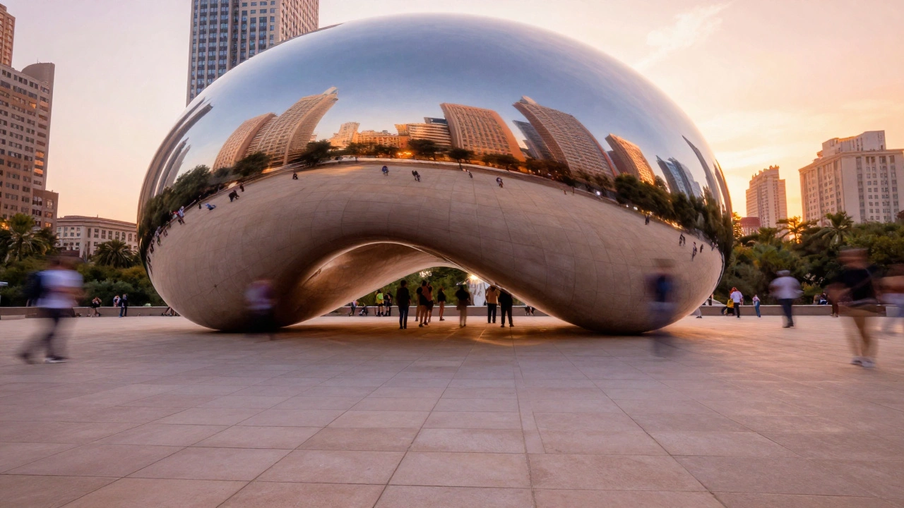 Long exposure of the Bean with blurred crowds and golden hour light