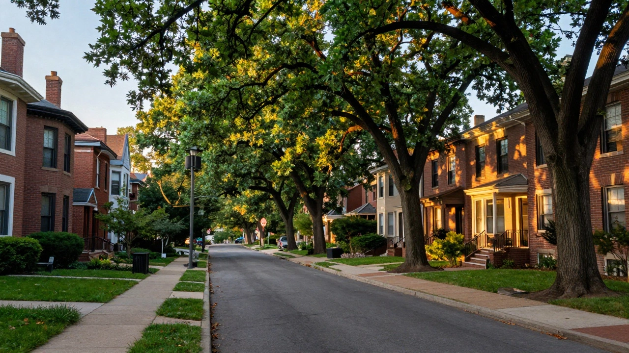 Lush, tree-lined street in Beverly featuring classic brick Chicago bungalows.