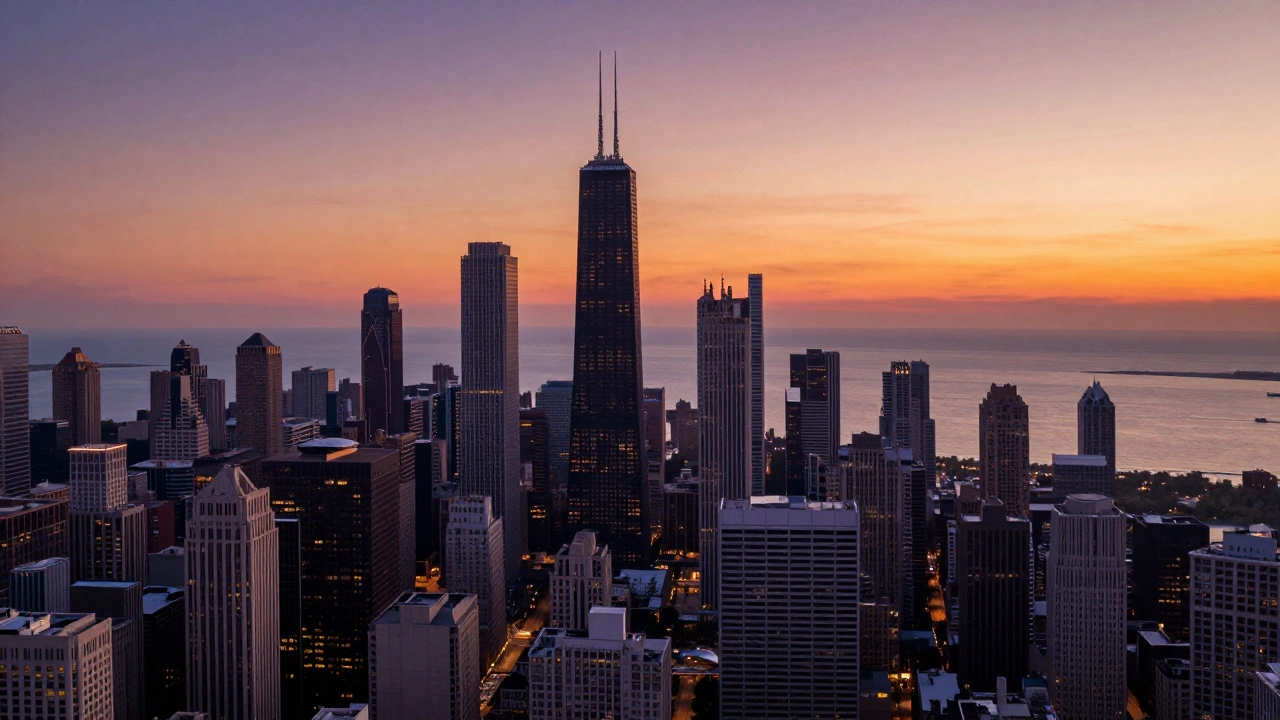 Panoramic golden hour view of the Chicago skyline and Lake Michigan from the Skydeck.