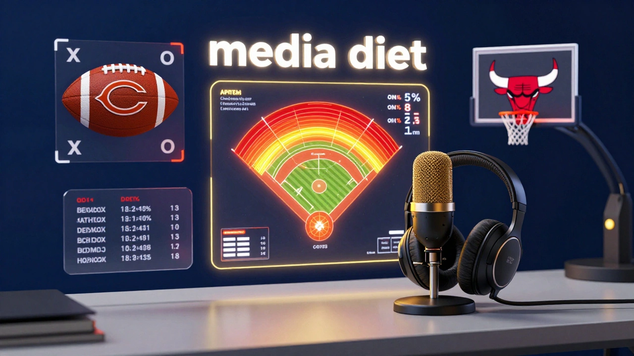 Professional podcast equipment surrounded by holographic sports analytics