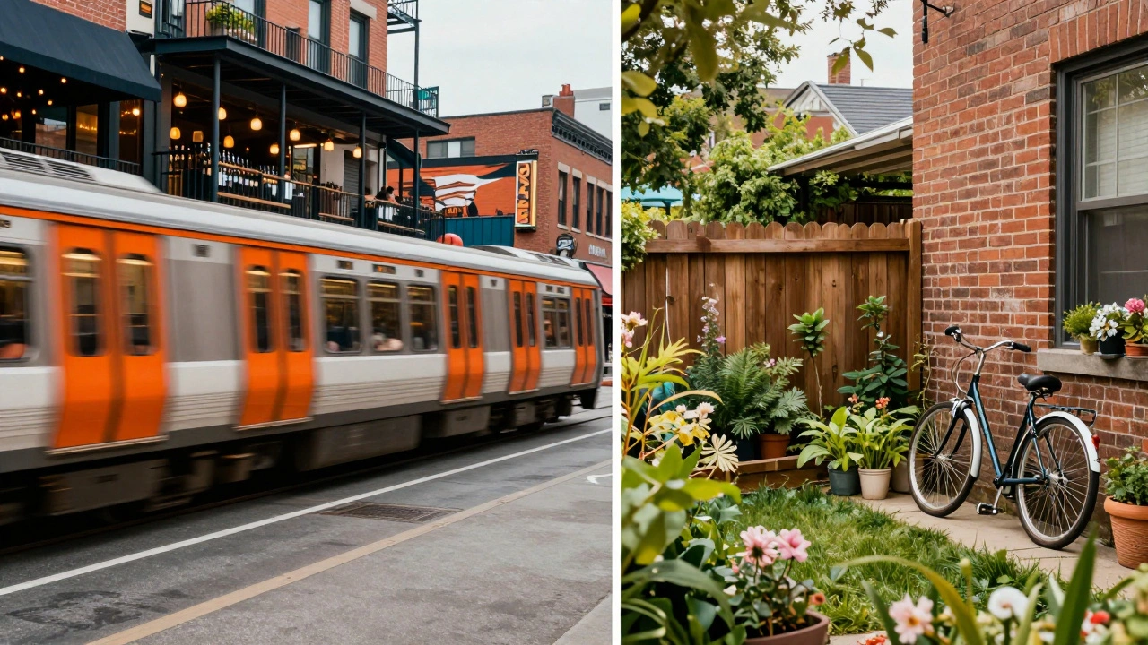 Split image contrasting the urban energy of Bridgeport with the quiet greenery of Beverly.