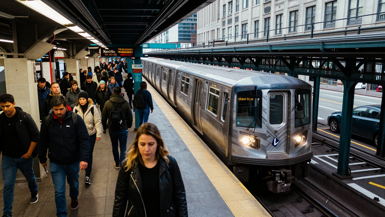 Split view of a crowded New York subway station and a Chicago elevated L train station.