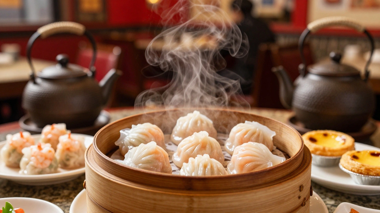 Steaming bamboo baskets of Xiao Long Bao soup dumplings on a restaurant table