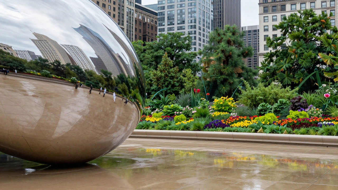 The silver Cloud Gate sculpture juxtaposed with the green plants of Lurie Garden