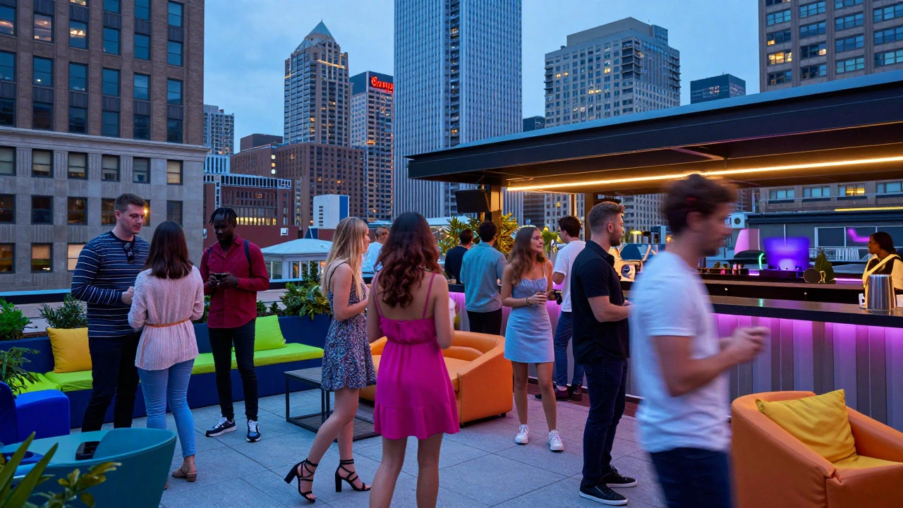 Trendy and energetic social scene at a modern Chicago rooftop bar during twilight.