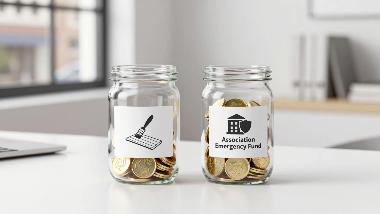 Two glass savings jars for home upgrades and HOA emergency funds on a white desk.