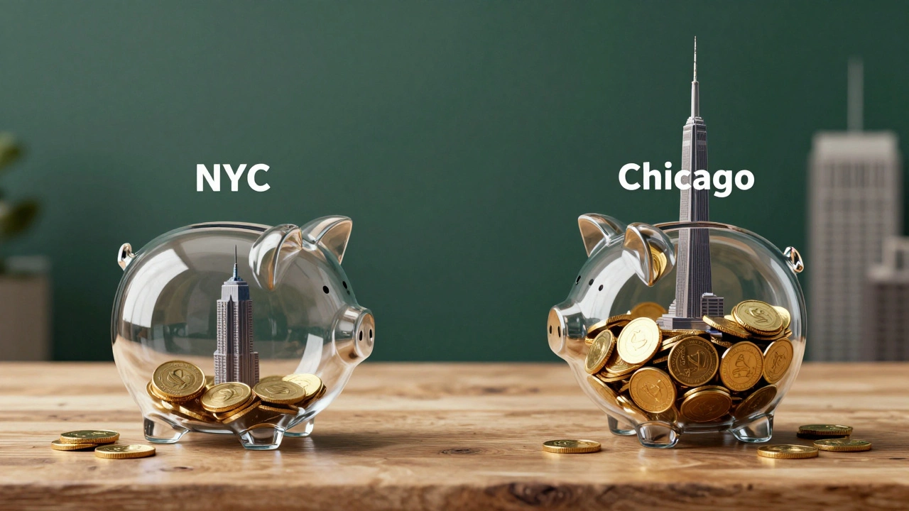 Two piggy banks representing the different savings potential in New York City and Chicago.