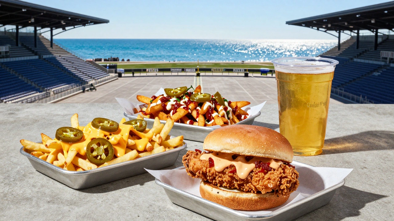 Variety of street food including a chicken sandwich and loaded fries at Soldier Field