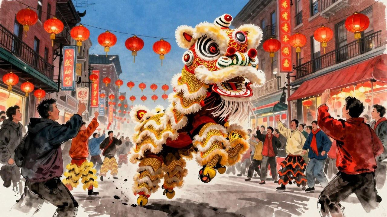 Vibrant Chinese lion dance performance during Lunar New Year celebrations