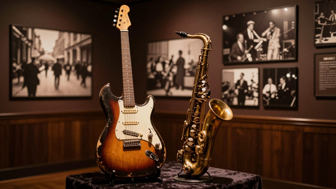 Vintage jazz instruments displayed in a museum with historical black and white photos