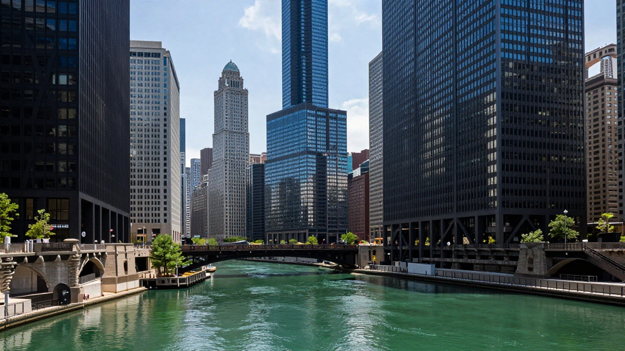 Willis Tower and 875 North Michigan Avenue reflecting in the Chicago River