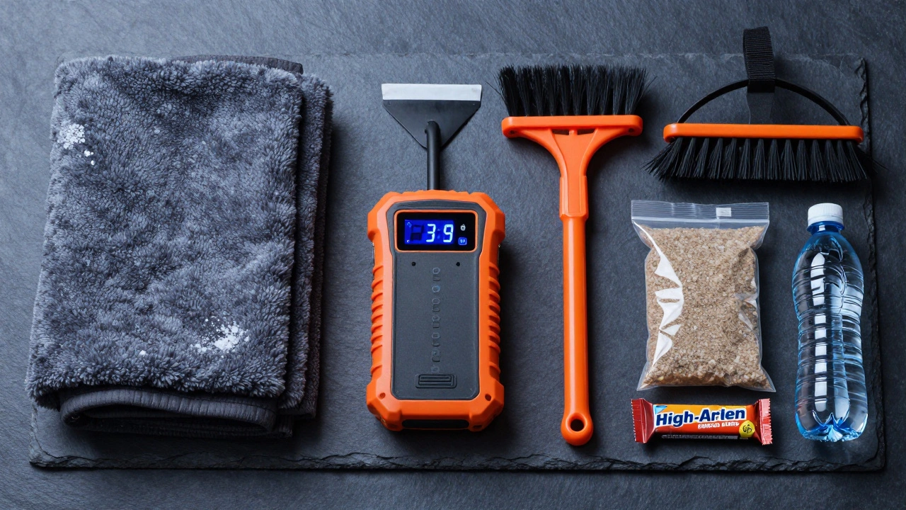 Winter car survival kit featuring a blanket, jump starter, ice scraper, and sand