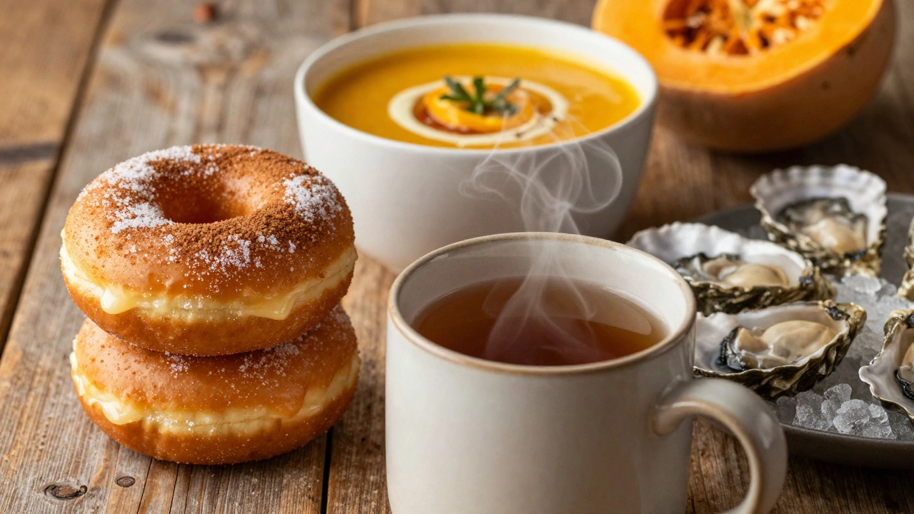 Apple cider donuts, spiced cider, and roasted squash on a rustic table