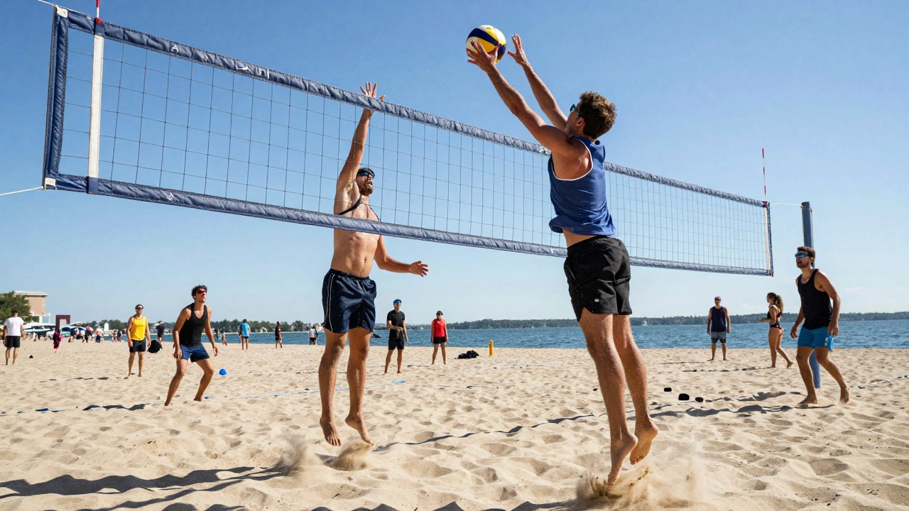 Athletes playing competitive beach volleyball on sand courts at North Avenue Beach