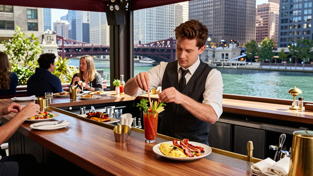 Bartender making Bloody Marys on a Chicago River-view terrace