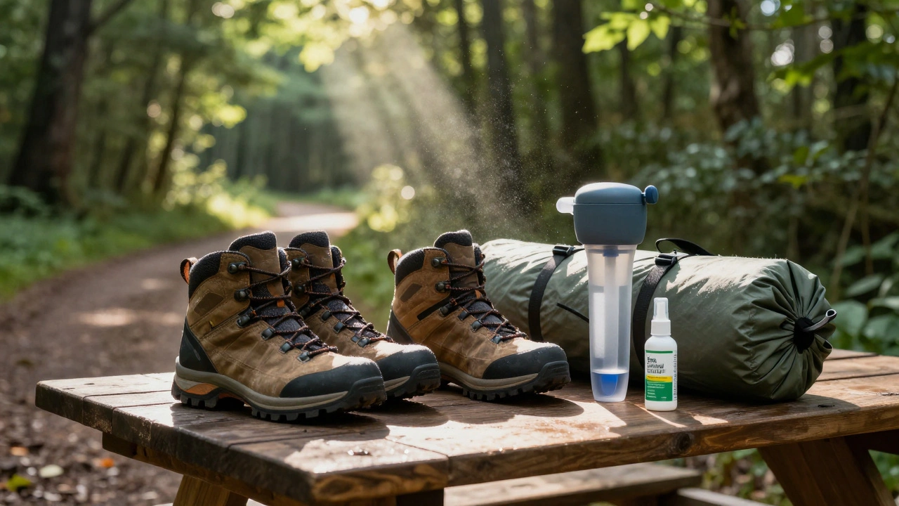 Camping gear including boots and water filter on a forest picnic table