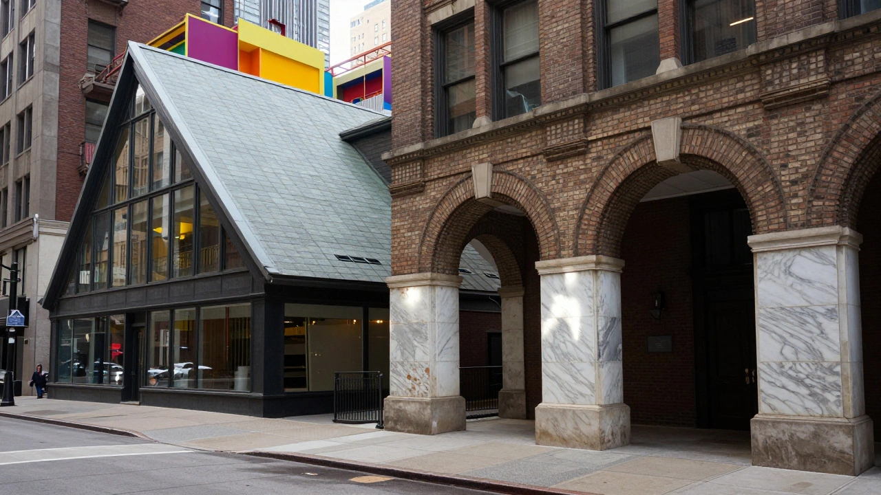 Chicago street scene showing eclectic postmodern architectural details