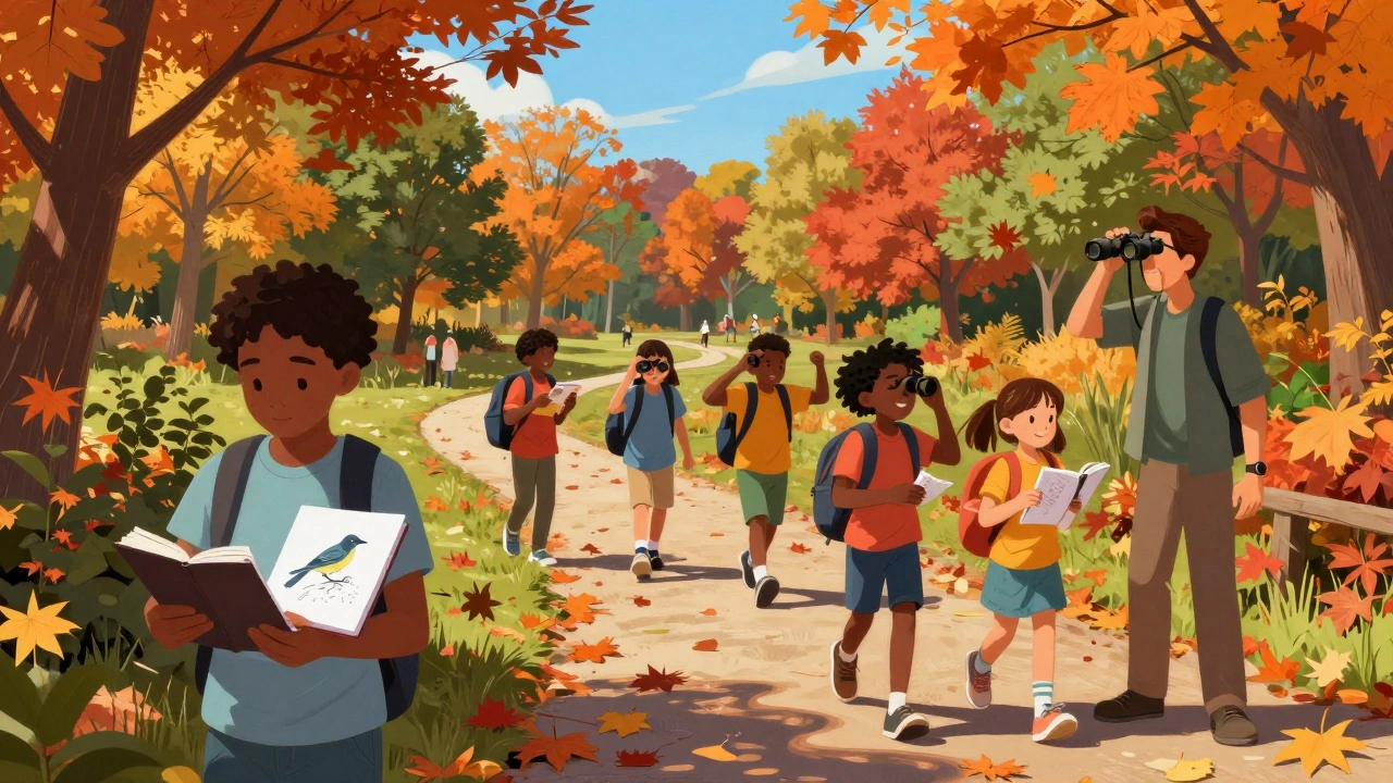 Children exploring nature and sketching birds during an outdoor homeschool field trip.