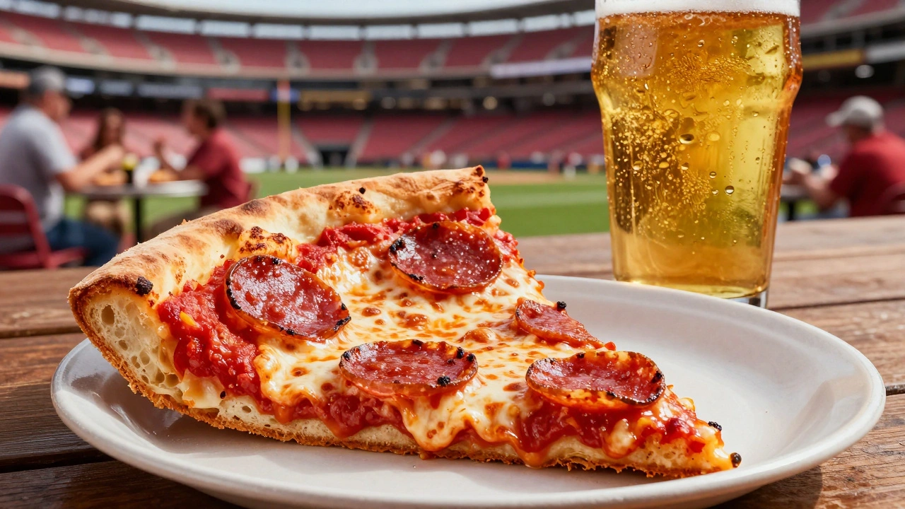 Close-up of Chicago deep-dish pizza and beer at a stadium concession stand