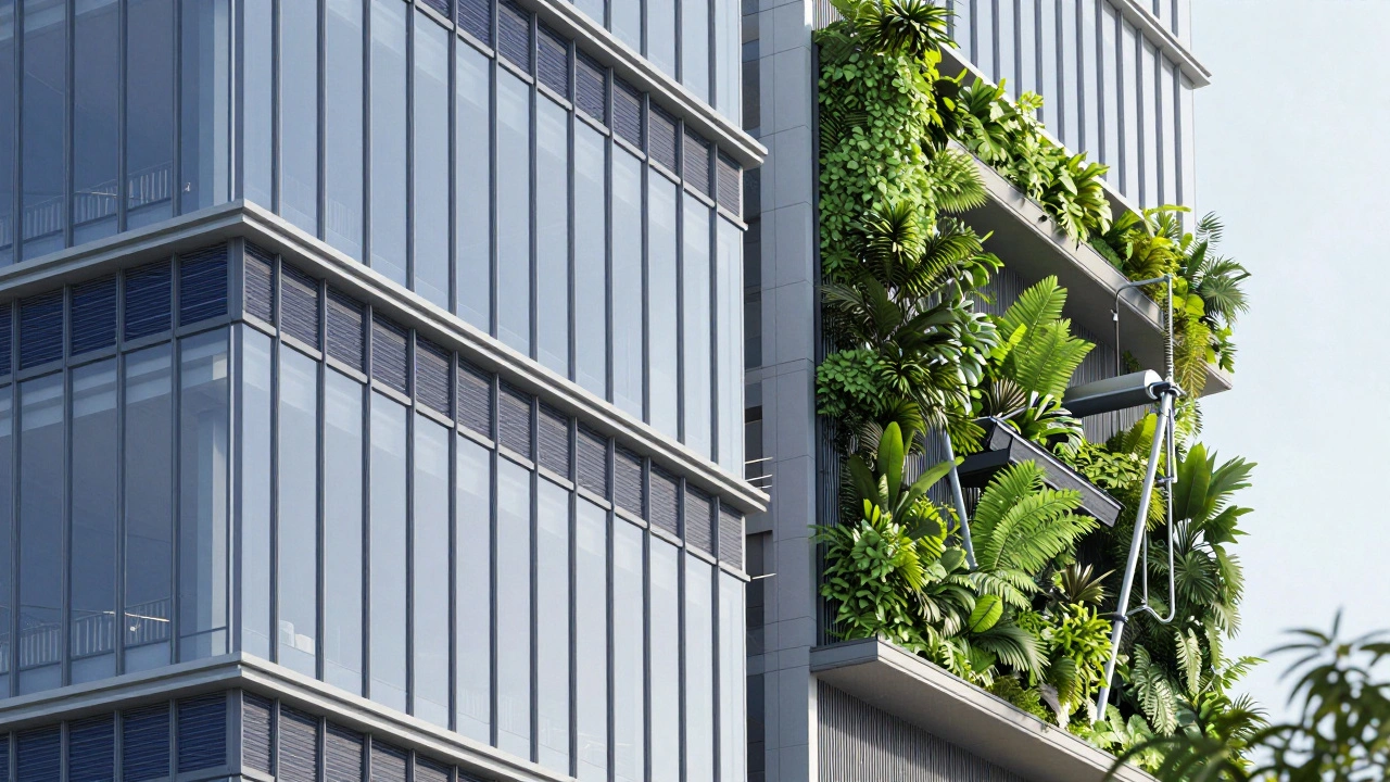 Close-up of sustainable skyscraper features including double-skin glass and solar panels